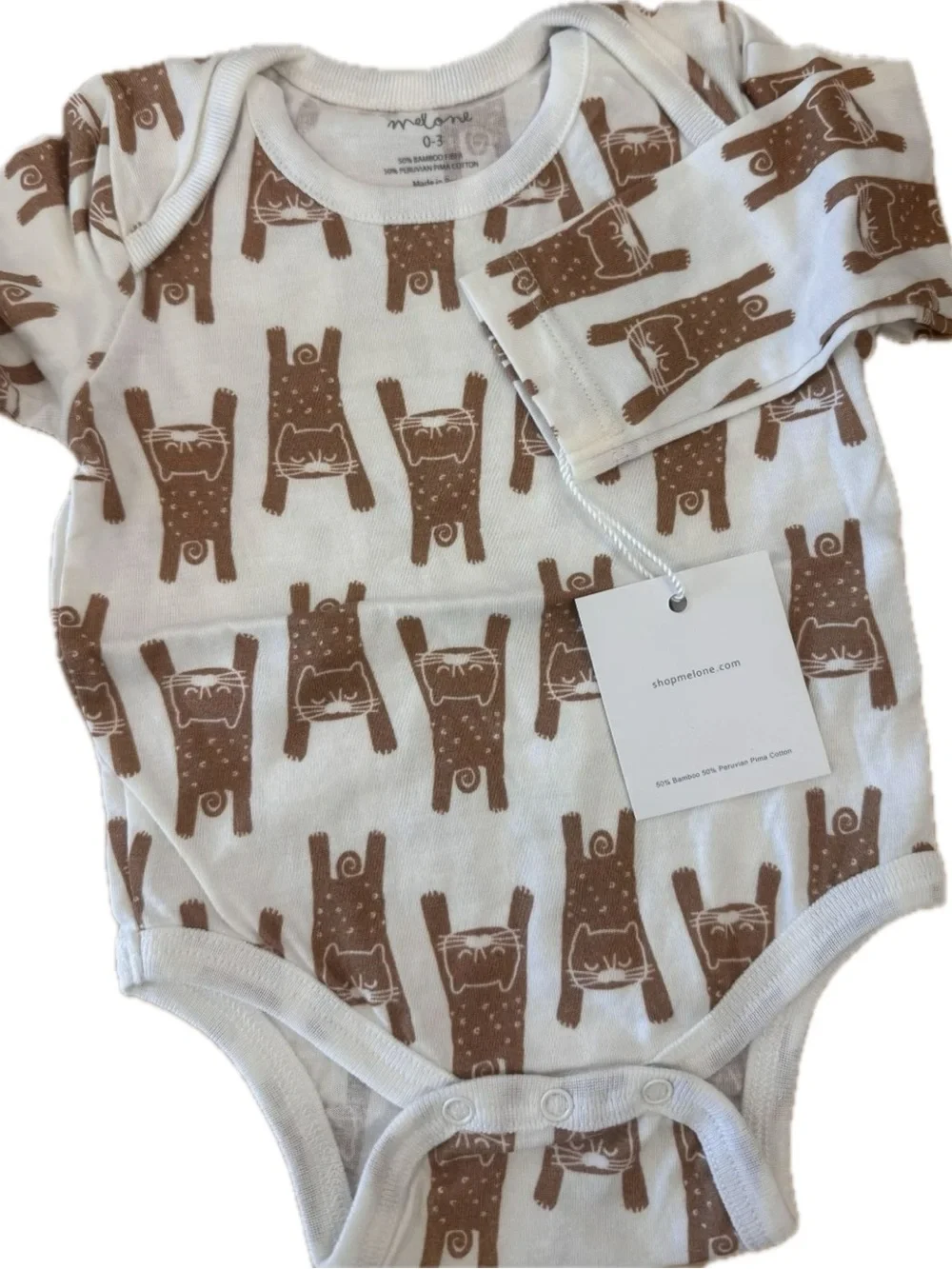 Melone Baby One-Piece Bodysuit with Brown and White Print Long Sleeves